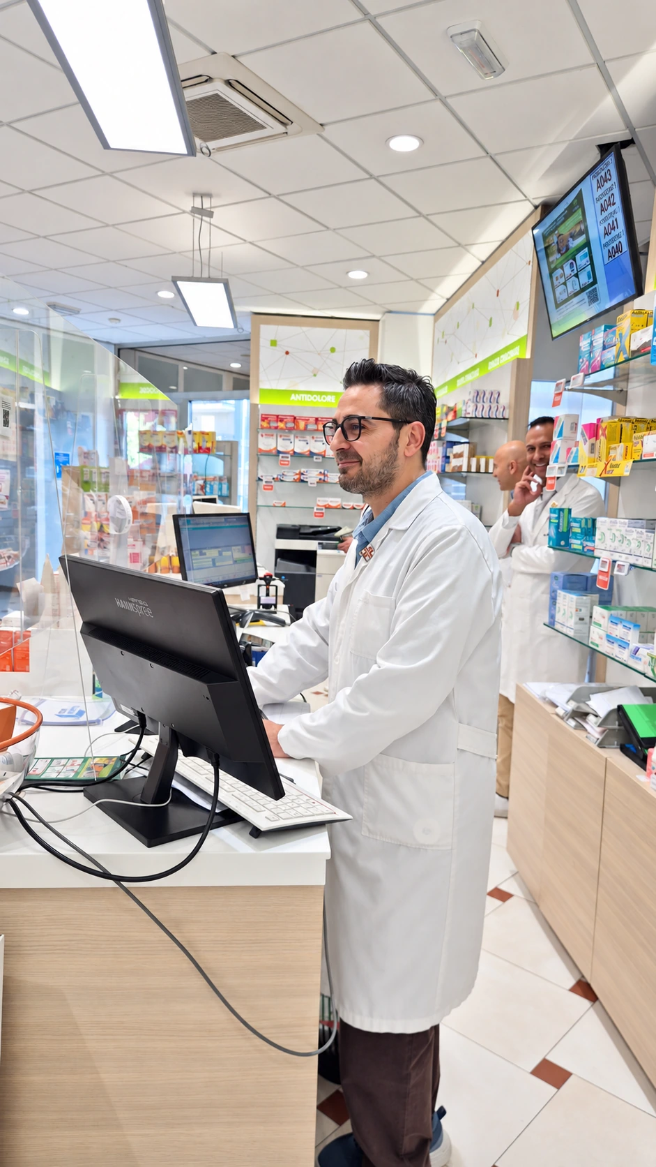 Il farmacista con occhiali al lavoro al banco
