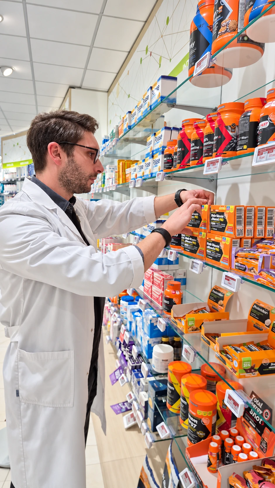 Un farmacista al lavoro tra gli scaffali